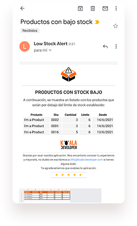 Low Stock Alerts email summary for Wix Stores (español)