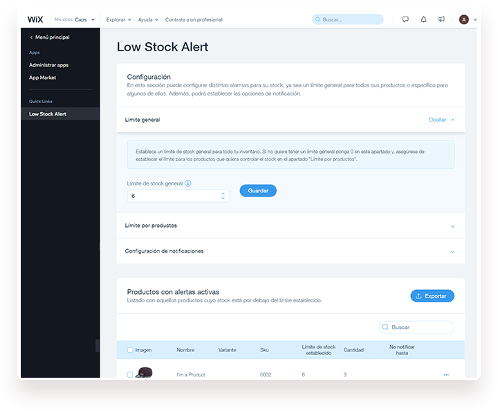 Wix Stores global low-stock threshold settings (español)