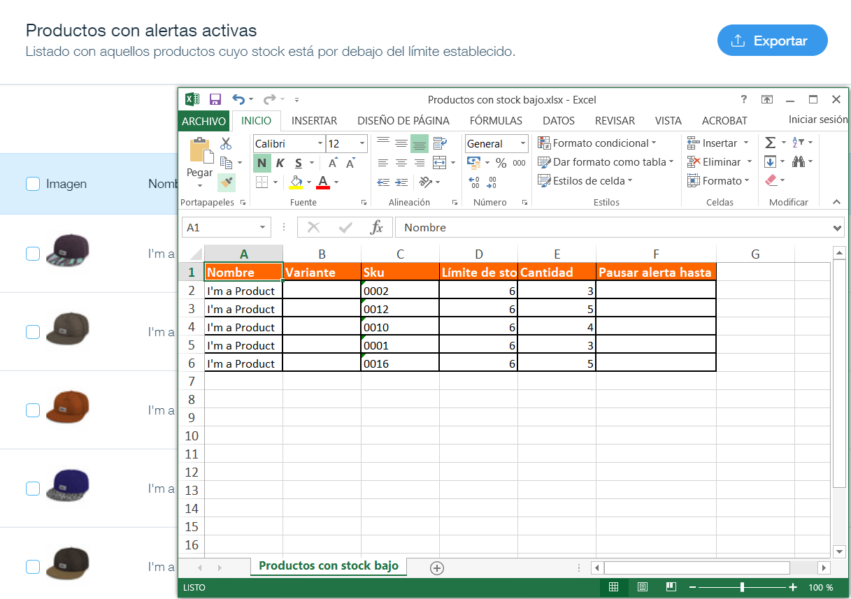 Export low-stock products to Excel (español)