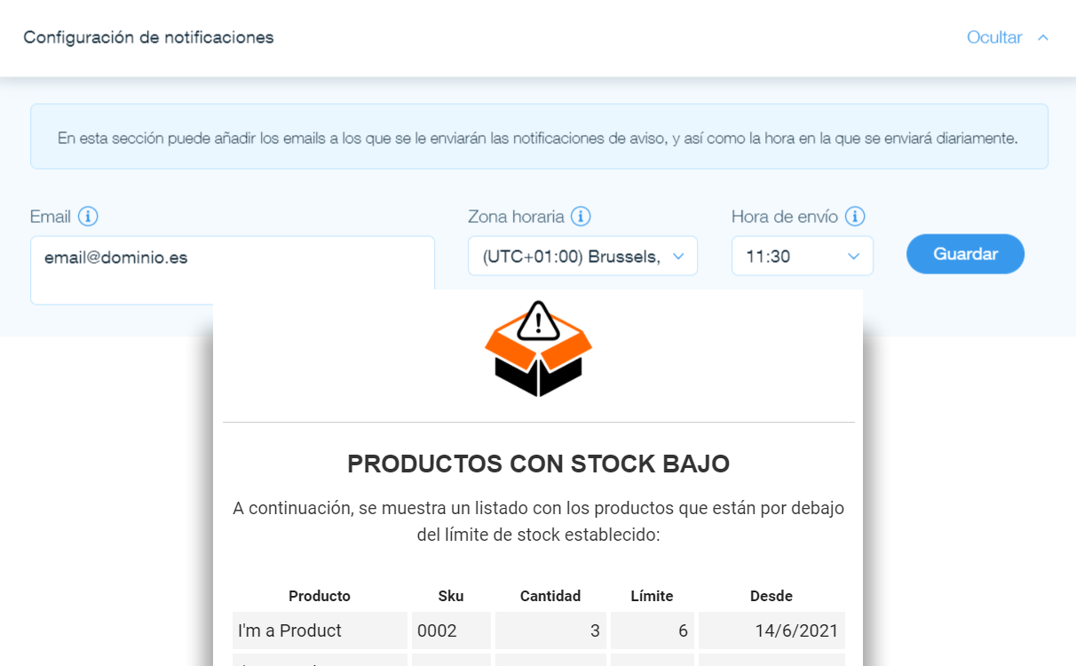 Low Stock Alerts email notifications (español)